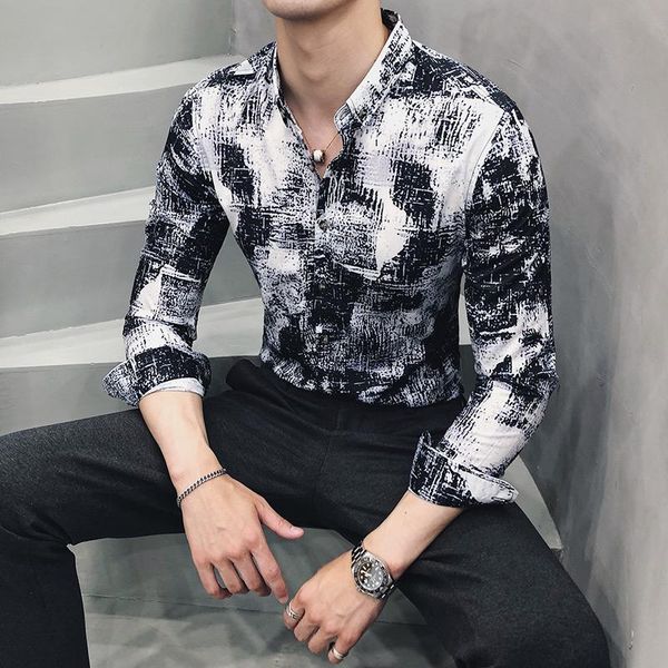 

han edition cultivate morality casual long sleeve shirt men boutique hair shirt 815 - p55 style icons nightclub flower, White;black