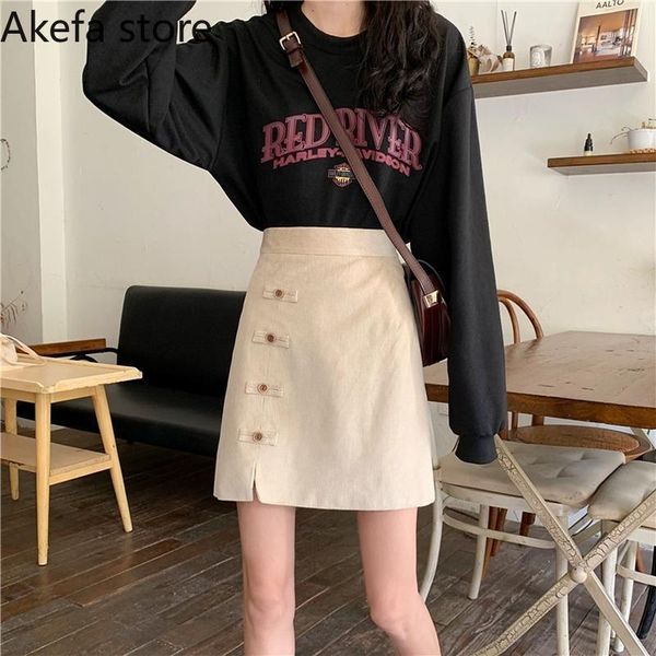 

corduroy skirts womens 2021 new spring high waist females short skirt ladies a-line design button chic trendy elegant beige1, Black