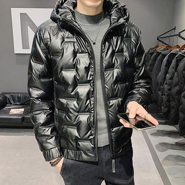 

trend light bright face down hooded imitation leather student warm cotton padded jacket men's coat, Black;brown