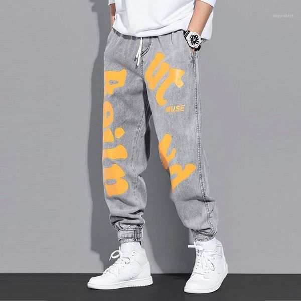 

new fashion print jeans men's hip hop loose letter jeans drawstring leggings long pants boys vintage streetwear casual1, Blue