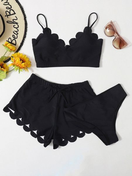 

3pack scalloped trim bikini swimsuit 31bz#, White;black