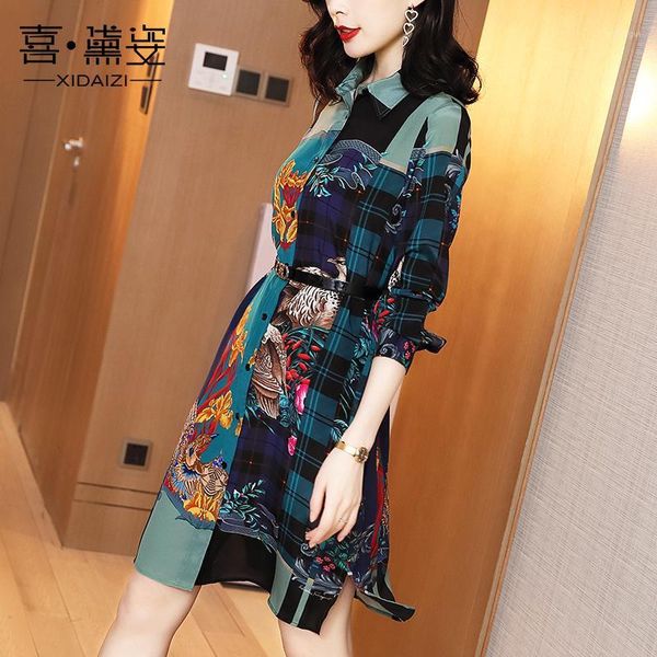 

new silk dress women s temperament waist long sleeve retro printed plaid shirt1, Black;gray