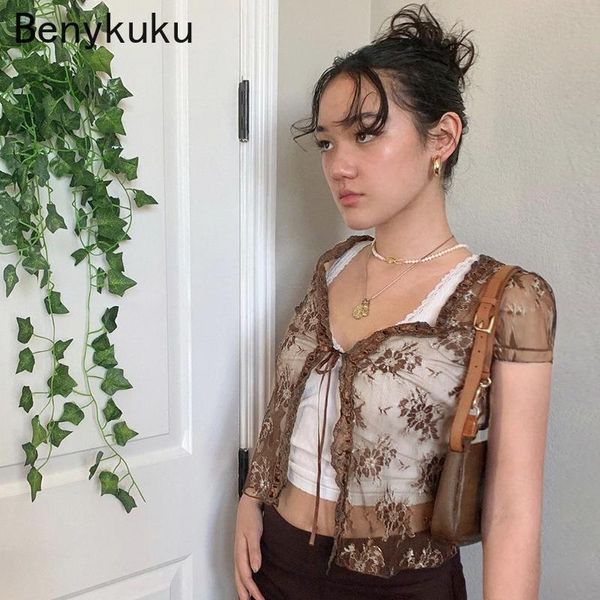 

women's t-shirt brown vintage y2k lace crop short sleeve see through mesh woman tshirts v neck up floral kawaii clothes shrug, White