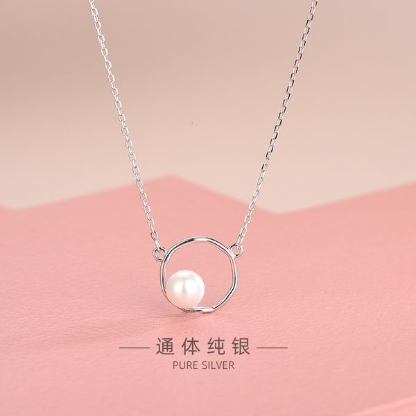 

s925 silver japanese and korean circle necklace simple niche design geometric artificial pearl clavicle chain