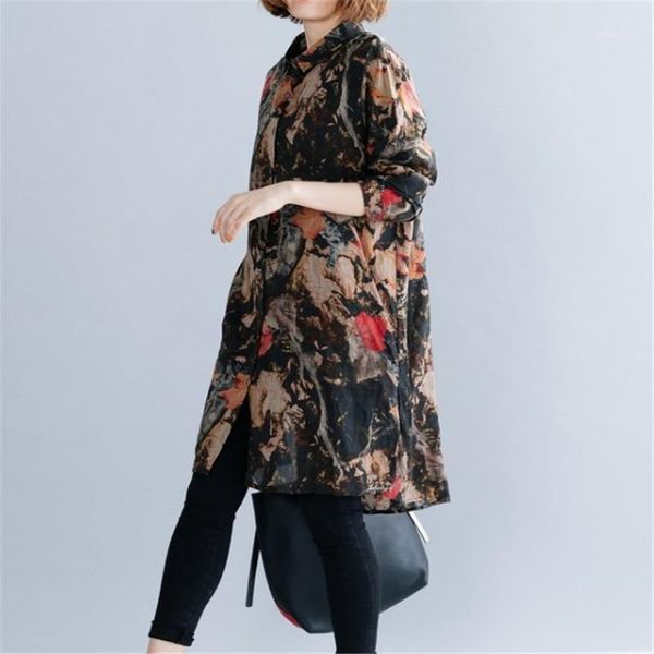 

spring 2020 new art plat women's loose medium and long cotton and linen shirt casual shirt dress1, White