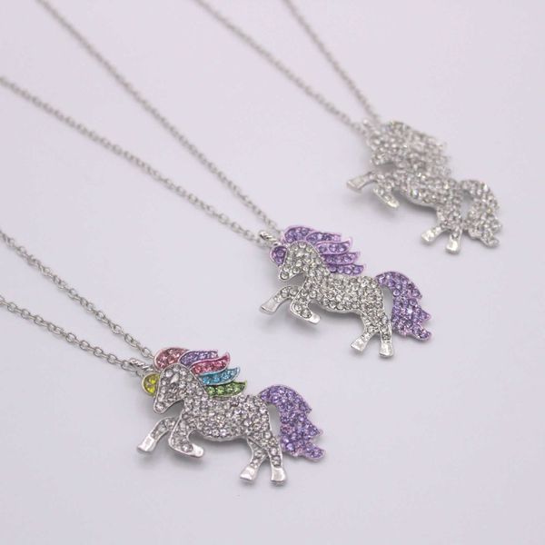 

micro unicorn inlaid diamond versatile tianma pendant colorful pony sweater chain necklace, Silver