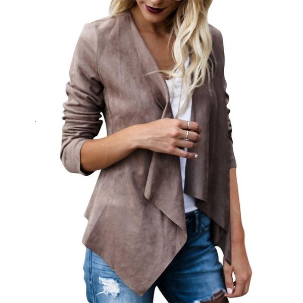 

fashion women irregular faux suede leather revers coat basic jacket autumn turn-down collar bomber windbreaker slim jackets, Black;brown