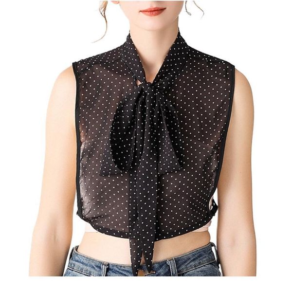 

women vintage polka dot semi-sheer false fake collar lace-up bow tie necklace sweater decorative detachable hal jllzcf, Blue;red