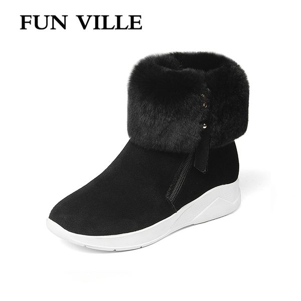 

fun ville 2020 new fashion women ankle boots cow suede winter warm snow boots thick platform round toe ladies shoes, Black