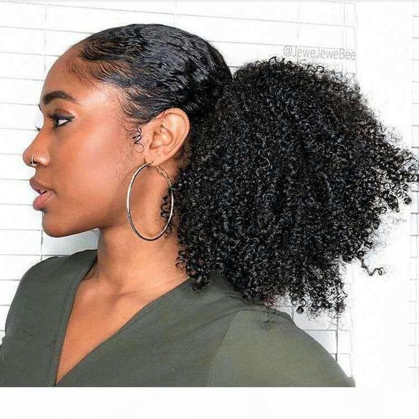 

tight curly human hair ponytail african american short afro kinky curly wrap drawstring puff ponytail hair extensions human with clips, Black