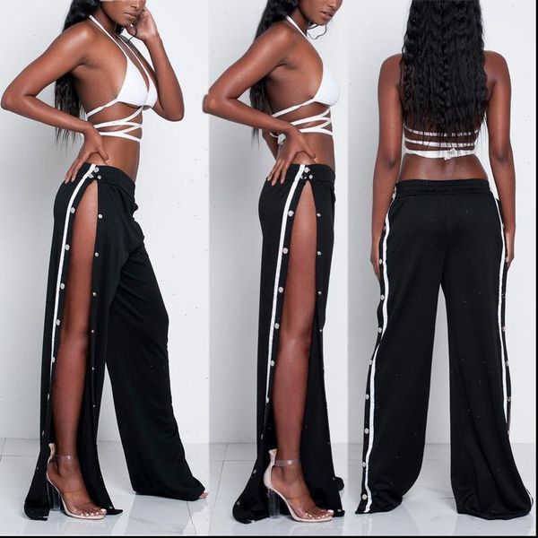 

summer women cut split side buttons wide leg casual long pants fashion women clothes trousers drop shipping, Black;white