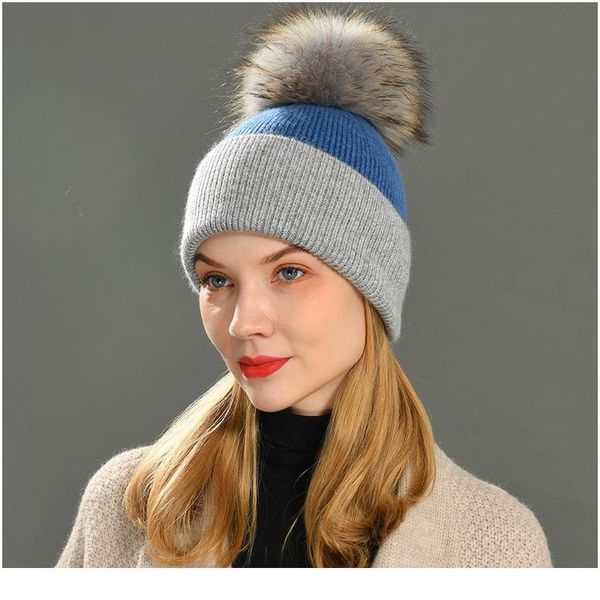

women spring hat big raccoon fur pom pom stripe hat 2018 elegant wool knitted female cash qylbqi