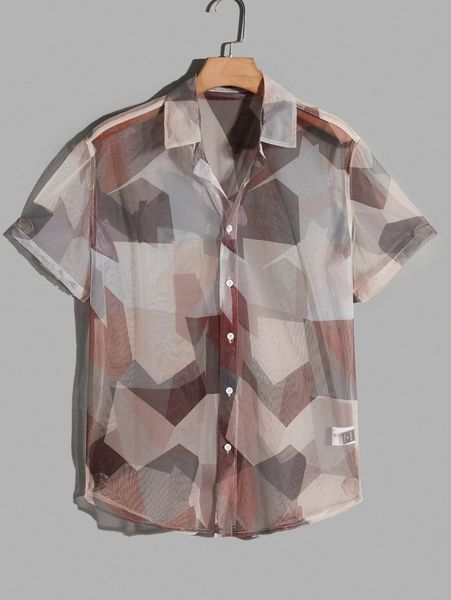 

men geo print sheer mesh shirt j09m#, White;black