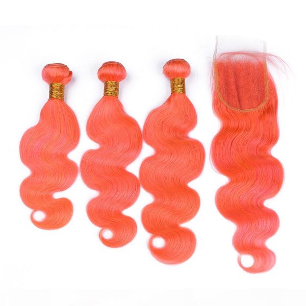 

body wave wavy orange colored peruvian human hair 3bundles with closure pure orange virgin hair wefts with lace front closure 4x4, Black