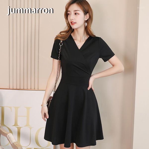 

jummarron 2020 new spring summer woman dress korean v-neck comfortable office lady trend thin casual black dress plus size1, Black;gray