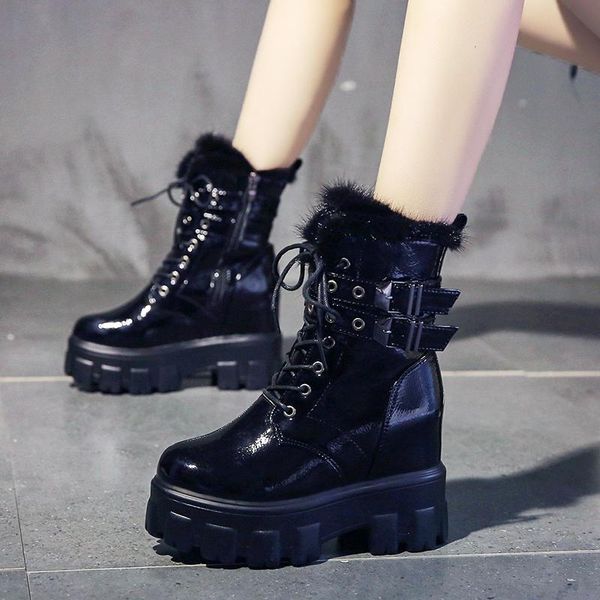 

обувь зима женщин warm мотоциклов boots 2020 британский стиль платформа кроссовки 10cm пятки толстого дно кожаных плюшевых сапоги женщина, Black