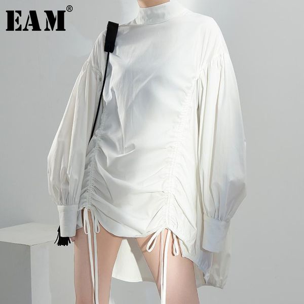 

eam] women dreastring irregular big size blouse new stand collar long sleeve loose shirt fashion spring summer 2020 1n24200, White