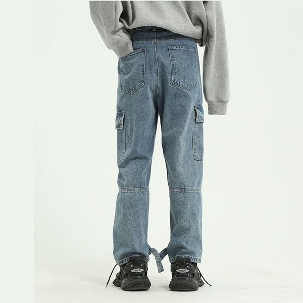 

new male vintage high street hip hop straight jeans trousers men multi-pocket denim cargo pant1, Blue