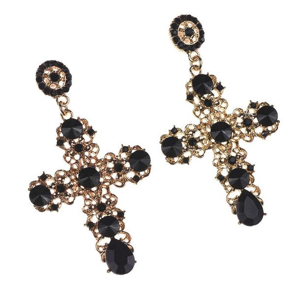 

dangle & chandelier ppg&pgg 2021 vintage black crystal cross drop earrings for women baroque bohemian large long jewelry wholesale, Silver