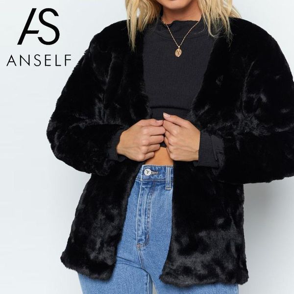 

vintage women faux fur coat casual long sleeves v neck collarless fur jacket solid furry winter warm teddy coat overcoat black1, Black