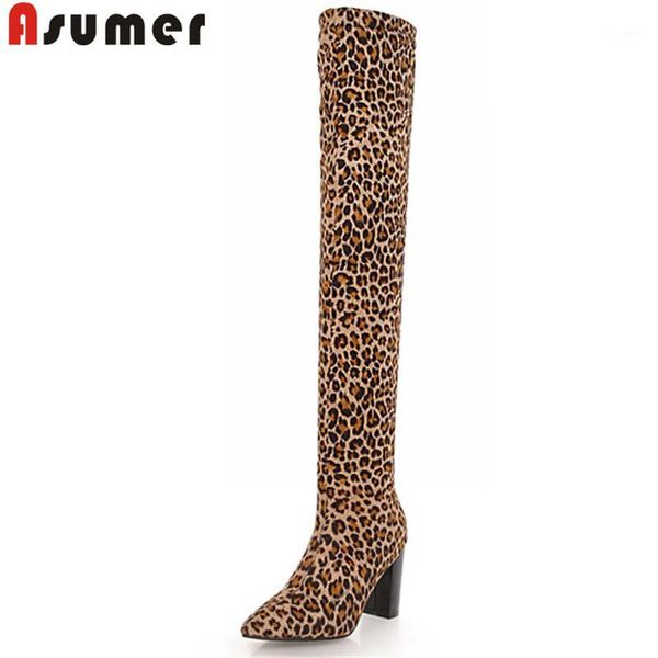 

asumer big size 34-43 fashion over the knee boots pointed toe flock square heel leopard print ladies prom long boots 2020 new1, Black