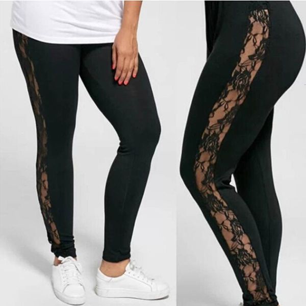 

2019 ladies floral lace patchwork side panel cut out black empire leggings womens black causal leggings plus size