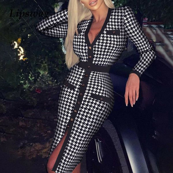 

women 2021 spring houndstooth print long party dress elegant v-neck button slit dress office lady long sleeve bodycon dress y0118, Black;gray