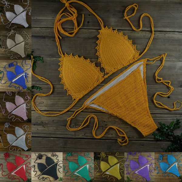 

hand crochet bikini suit cotton swimsuit bandage bathing suits pad