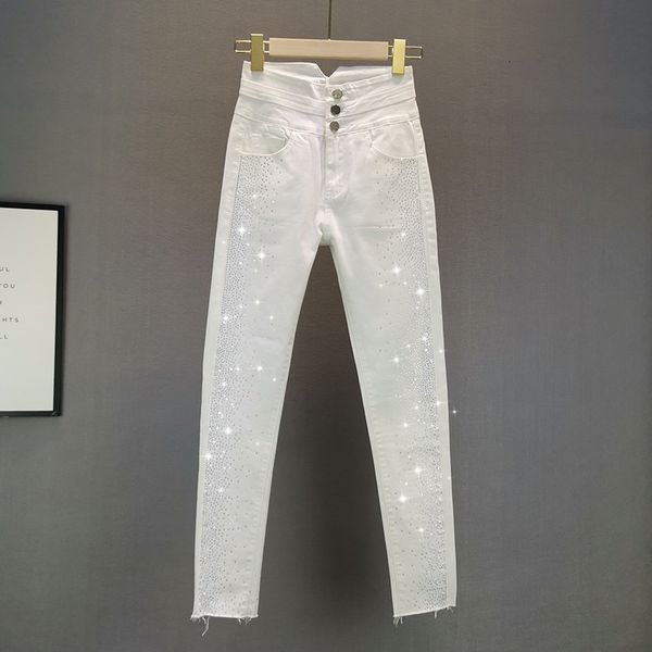 

shine rhinestone white women jeans summer new high waist pocket slim ankle length lady jeans quality, Blue