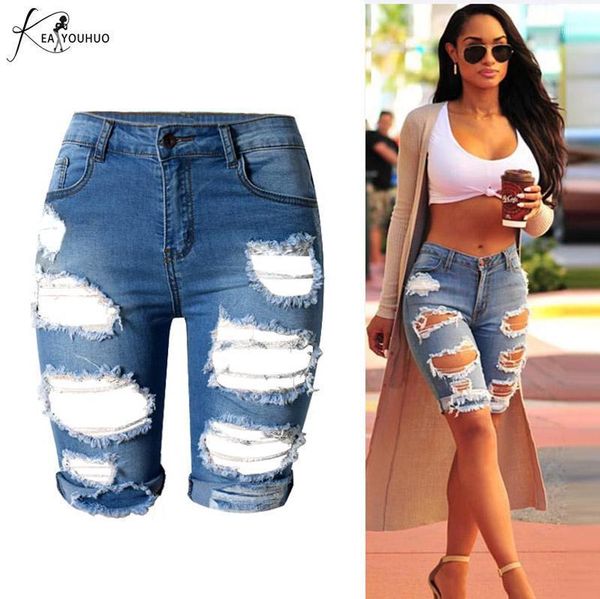

new 2020 high waist jeans mom wash female ripped jeans for women push up denim skinny woman plus size midknee shorts pants1, Blue
