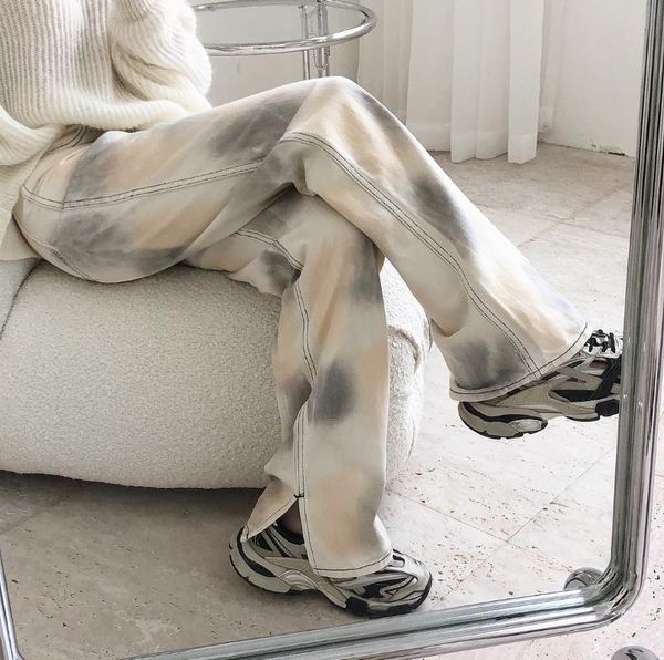 

women's jeans 2021 women spring /autumn denim pant fashionable retro gradient color tie-dye high waist straight wide leg loose, Blue