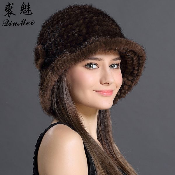 

woman hat winter solid mink caps with flower natural mink fur hats new russian girl soft knitting real fur bucket hats warm y201024, Blue;gray