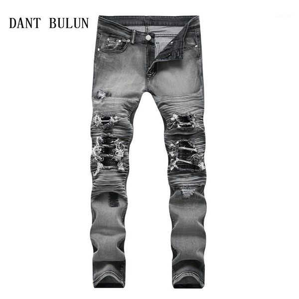

men ripped biker jeans distressed moto skinny denim hip hop destroyed knee leather pleated patch jeans,18181, Blue