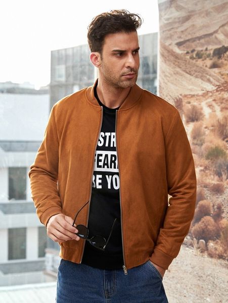 

men zip up suede bomber jacket r6do#, Black;brown