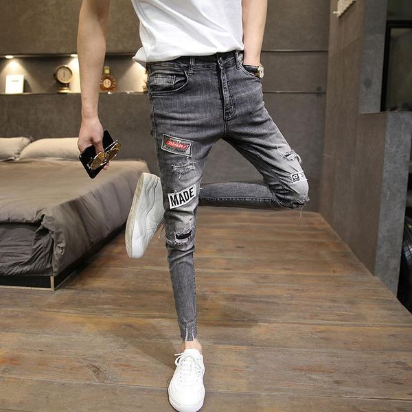 

men's jeans spring summer style fashion embroidery patch hole trend teenagers street slim-fit grey ankle length pencil pants, Blue