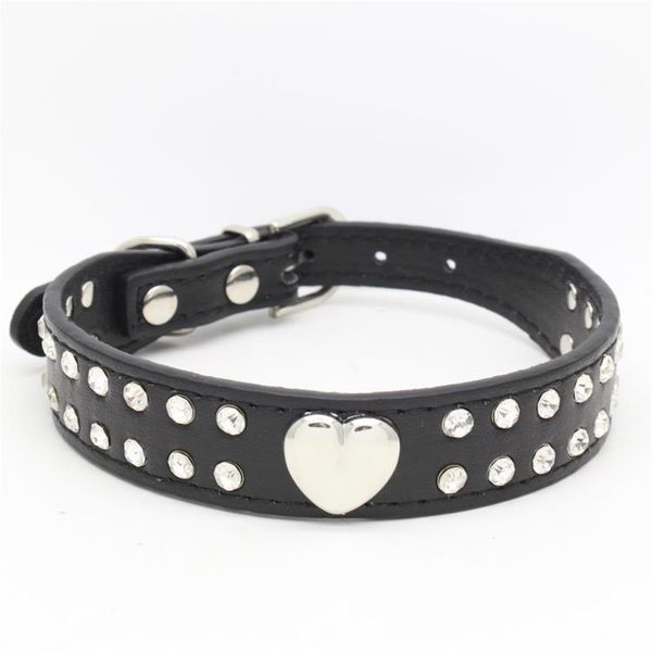 

dog collars & leashes 500pcs/lot fast 2 rows rhinestone diamante leather pets crystal collar with nice heart 4 sizes