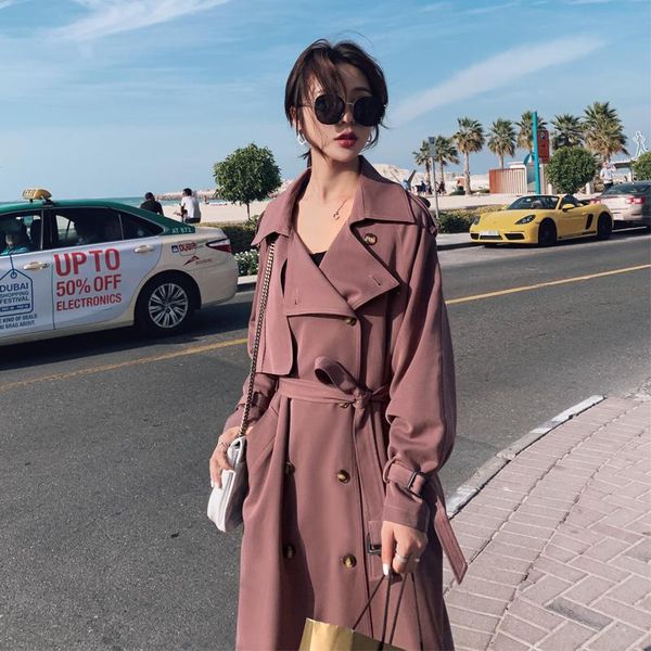 

2020 spring and autumn new temperament double-breasted trousers solid color stitching windbreaker fashion casual jacket coat, Tan;black