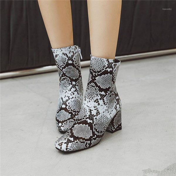 

boots ymechic fashion retro punk gothic snake print snakeskin pattern square toe block high heels womens shoes ankle winter 20211, Black
