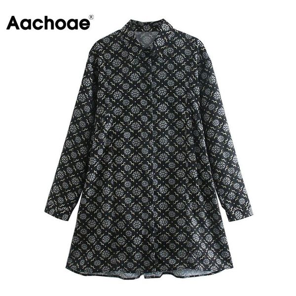 

aachoae retro printed shirt mini dress women turn down collar office casual dress ladies elegant long sleeve loose dresses, Black;gray