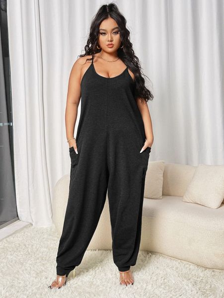 

plus dual pockets loose cami jumpsuit 17b6#, Black