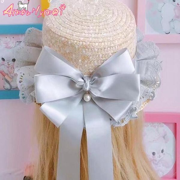 

bowknot straw hats for women girl summer beach sun caps round flat japanese style lolita sweet lace hats with bags, Blue;gray