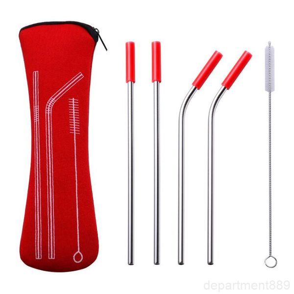 

reusable stainless steel straw outdoor metal bent straws with brush set drinking silicone cover owb2149