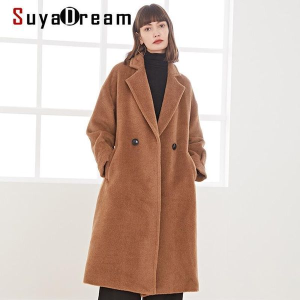 

suyadream handmade 50%alpaca cashmere 50%wool women long coat elegant office chic wool blend camel winter coat1, Black