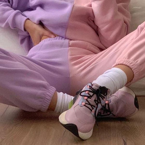 

contrast color baggy women jogger sweatpants casual pink purple patchwork high waist trousers female hip hop streetwear1, Black;white