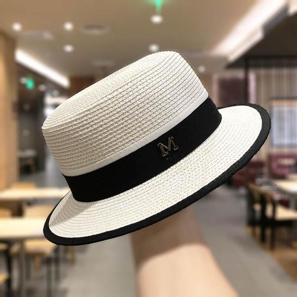 

flat straw hat spring summer men and women trip caps leisure beach sun hats m letter breathable fashion flower beach hat, Blue;gray