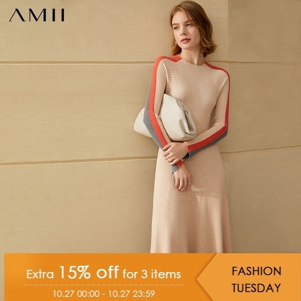 

amii minimalism winter women's dress fashion causal oneck slim fit patchwork calf-length sweater dress for women 12040441 201027, Black;gray