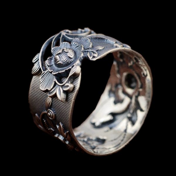 

s990 fine silver open the peony female anaglyph silver ring blooming flowers