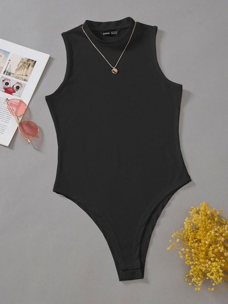 

plus solid mock neck tank bodysuit n6ug#, Black