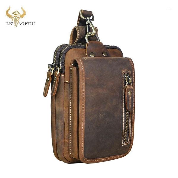 

waist bags vintage crazy horse leather small summer hip bum pouch hook design cigarette case 7" phone fanny pack belt bag 16091