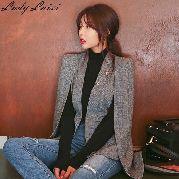 

new long sleeve cape blazer coat women notched split cloak cape jacket suit women's blazer ol office workwear plaid black 201106, White;black
